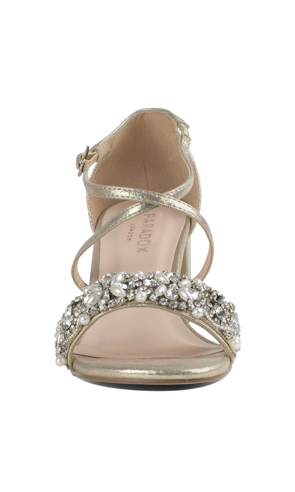Front view of Evangeline Champagne Prom Shoes: Paradox London P2202, a gold open-toe high heel sandal with ankle strap and jeweled toe strap, perfect for elegant prom looks, set against a white background.